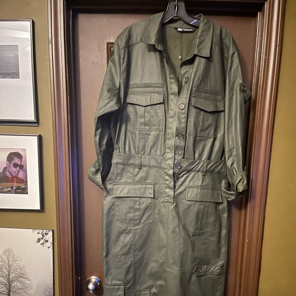 NWOT ZARA FOREST GREEN CARGO DRESS BELTED SIZE XXL travel 12/27-1/2 no shipping